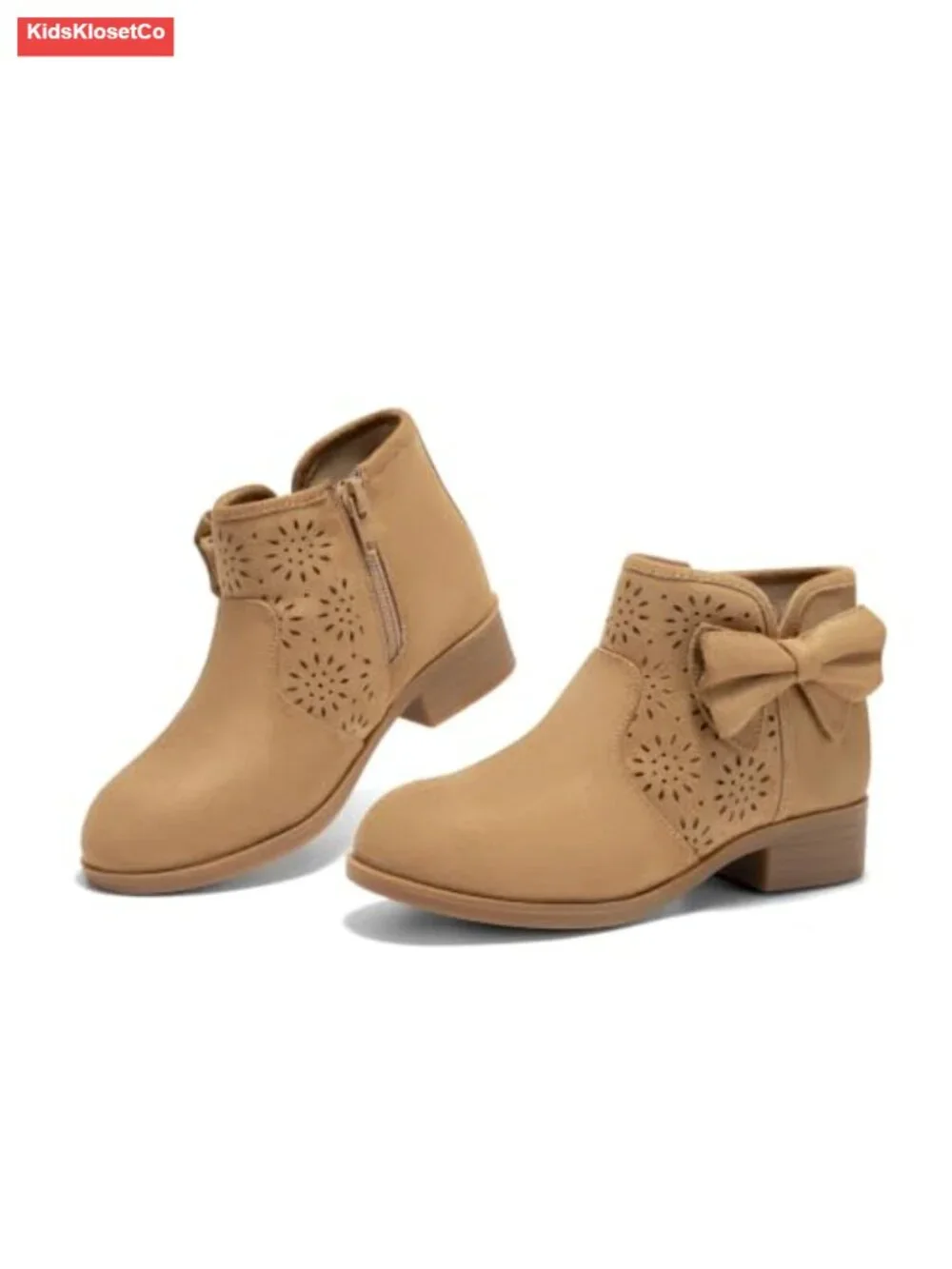Girls Ankle Boots Faux Suede Bow Chunky Low Heel Side Zipper Dress Booties